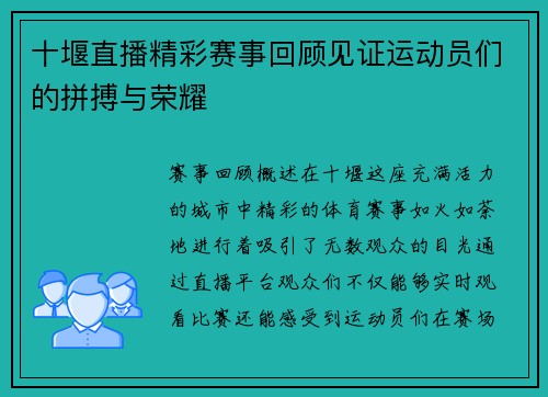 十堰直播精彩赛事回顾见证运动员们的拼搏与荣耀